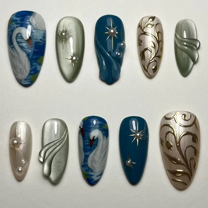 

24Pcs Mid-length Almond False Nails Press on Cat's Eye 3D Pearl Starburst Stripe Design Fake Nail Reusable Full Cover Nails Tips