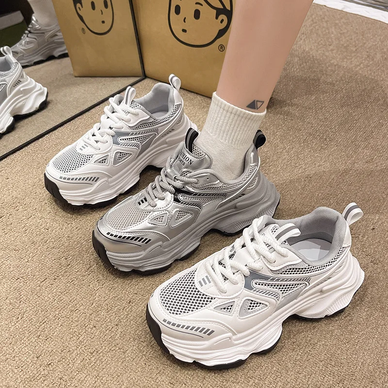 

Thick Sole silver Height Increasing Dad Shoes for Women 2025 New Spring Mesh Breathable Retro Versatile Casual Sports Shoes