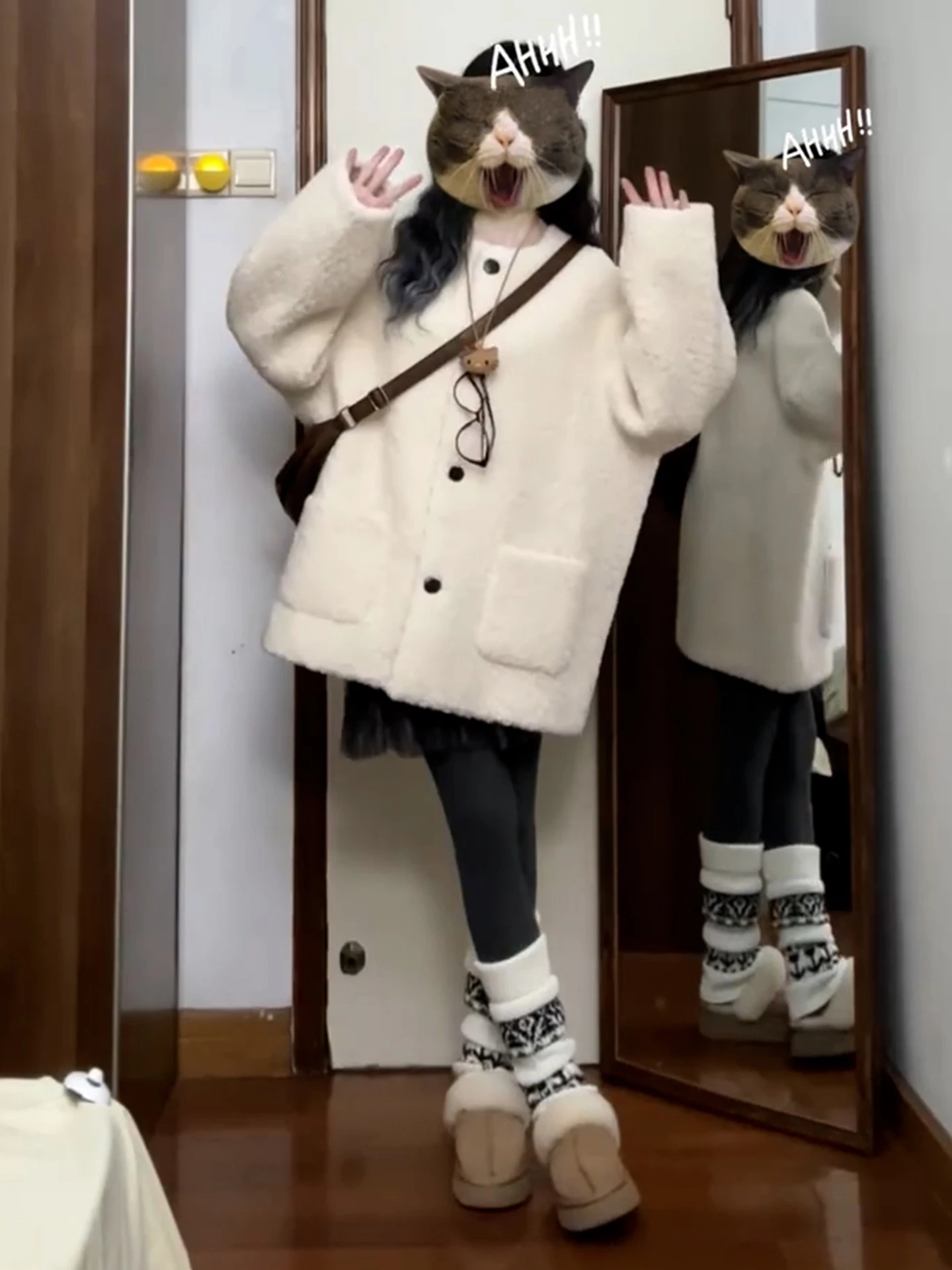 Damski płaszcz z białego futra jagnięcego Thiened, puszysty płaszcz z włókna poliestrowego, słodki okrągły dekolt, długi rękaw, codzienna odzież wierzchnia.