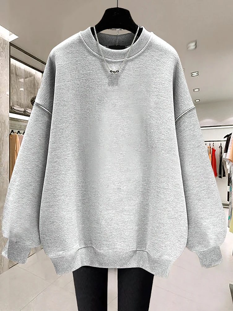 Oversize Solid Color Casual Crew Neck Sweatshirt Women Thicken Fleece Long Sleeve Autumn Winter Top Female Pullovers Lady Sport