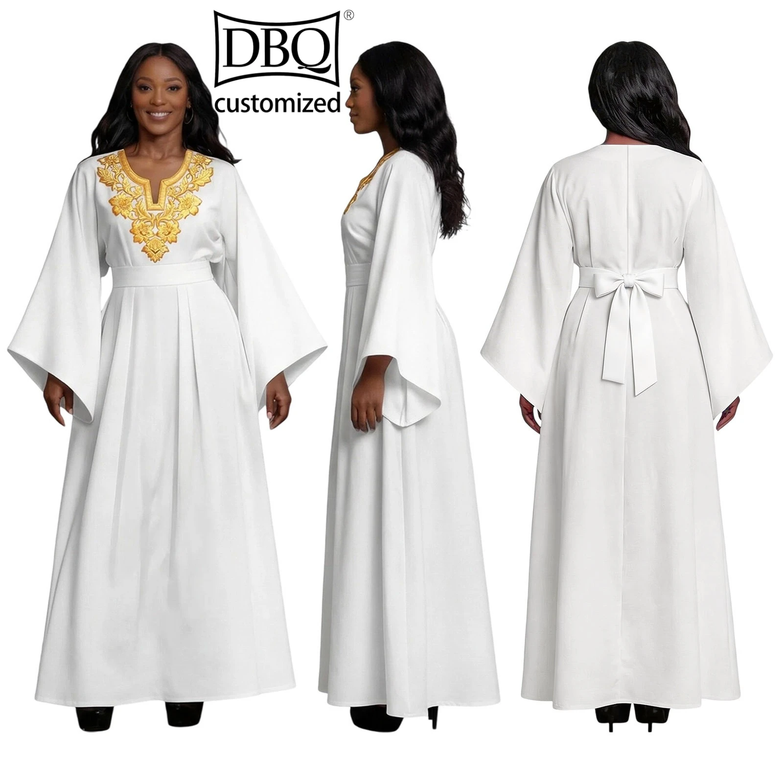 

DBQ Gold Embroidered Neck Long Sleeve Maxi Dress for Women Casual African Style Tailor Made with Belt Closure