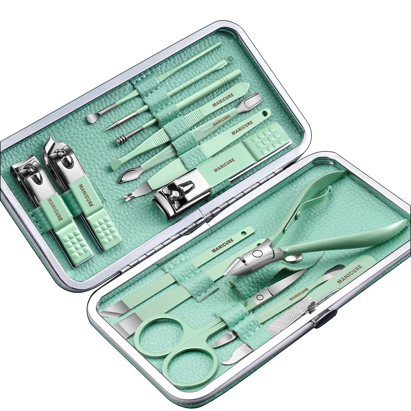 18 sztuk/worek przenośny zestaw do paznokci deluxe zestaw obcinaków do paznokci zielony pilnik do paznokci nożyczki do brwi narzędzi higiena osobistej