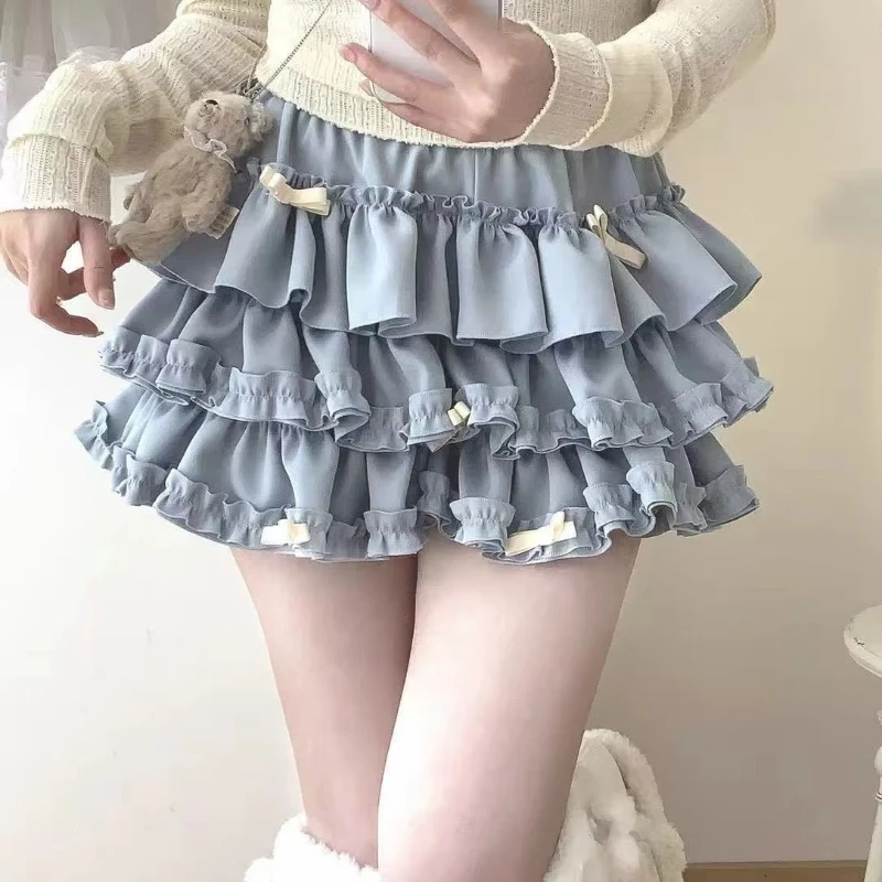 Dusty Pink Ruffle Bloomers with Bows Cake Mini Skirt with Built-in Shorts Cute Skort Women Kawaii Soft Girl Coquette Y2K