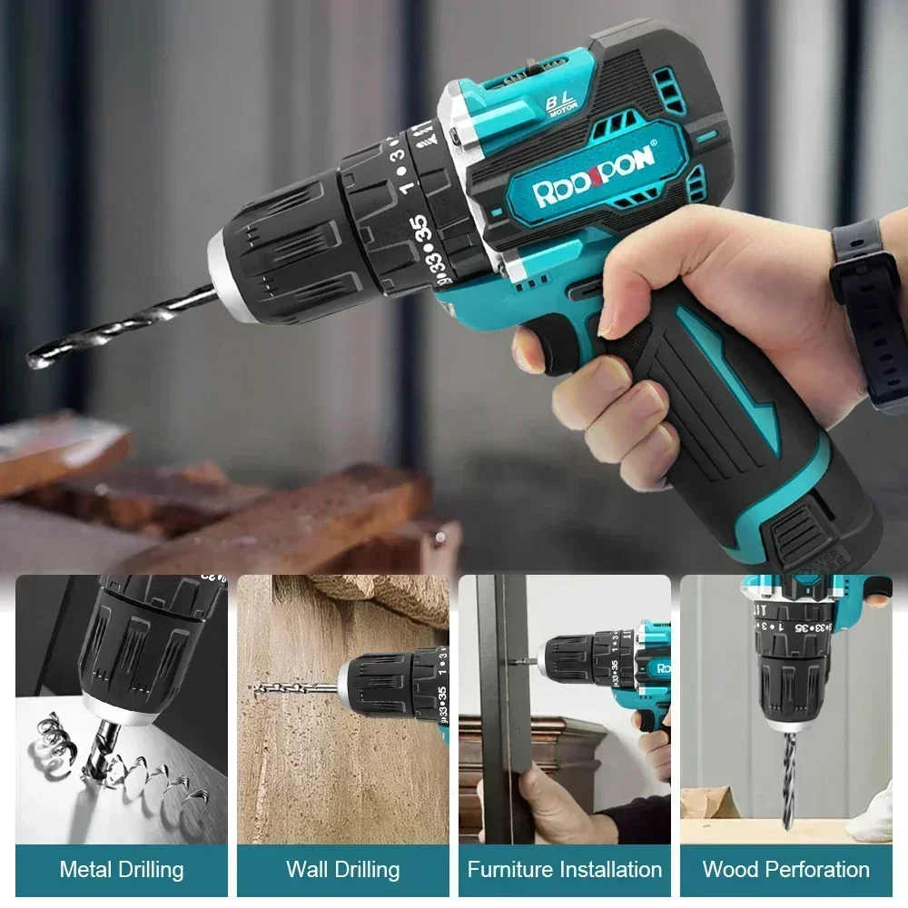 RDDSPON18V brushless drill 10mm high speed 120N/M rechargeable lithium drill with battery high torque household electric tool