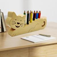 Desktop Wooden Pen Holder School Office Pen Pencil Storage Box Cat Table Stationery Organizer Home