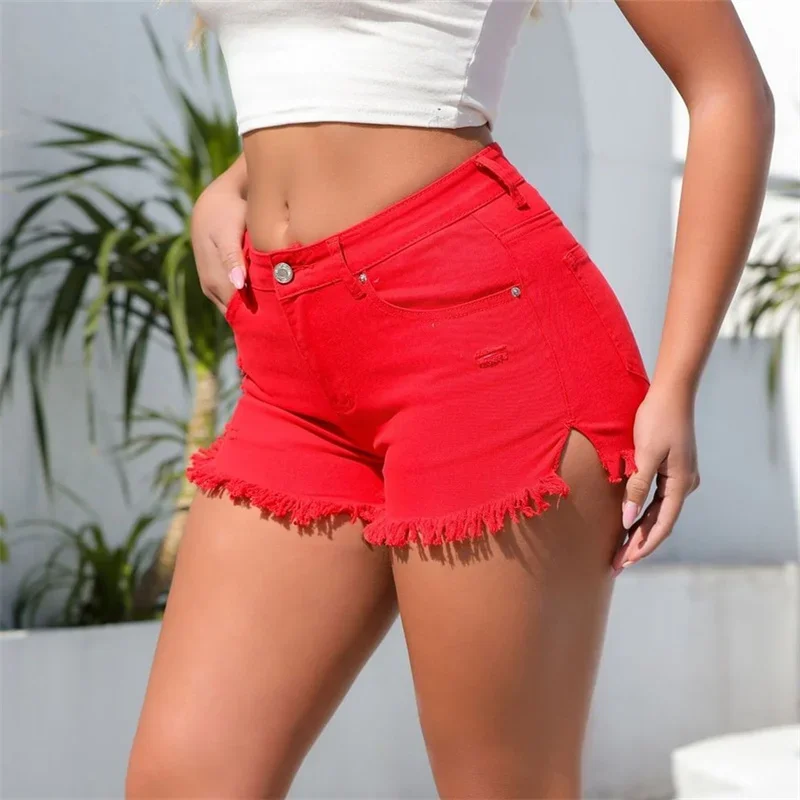Frauen Sommer Split Quaste Hose Beine Jeans shorts Vintage gebrochene Löcher Dreiviertel hose weibliche lässige Mini-Jeans mit hoher Taille – Detail 13
