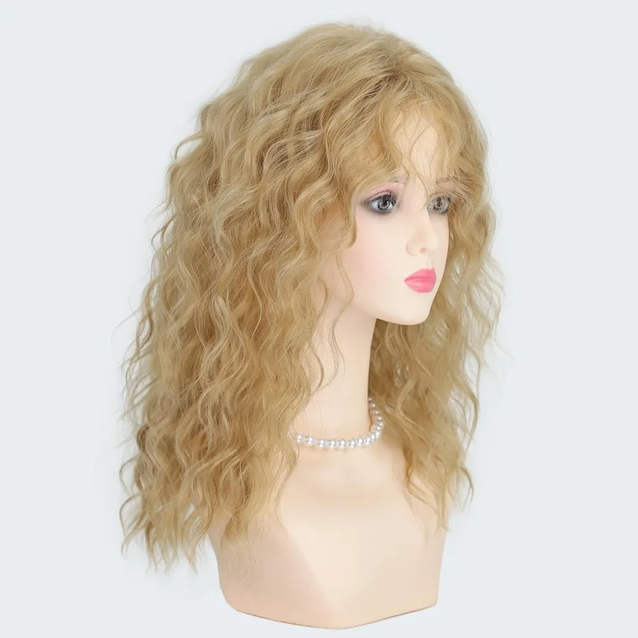 باروكات أشقر طويلة مموجة مع غرة للنساء: باروكات شعر صناعية مجعدة طبيعية متوسطة الطول مثالية لأزياء الهالوين التنكرية