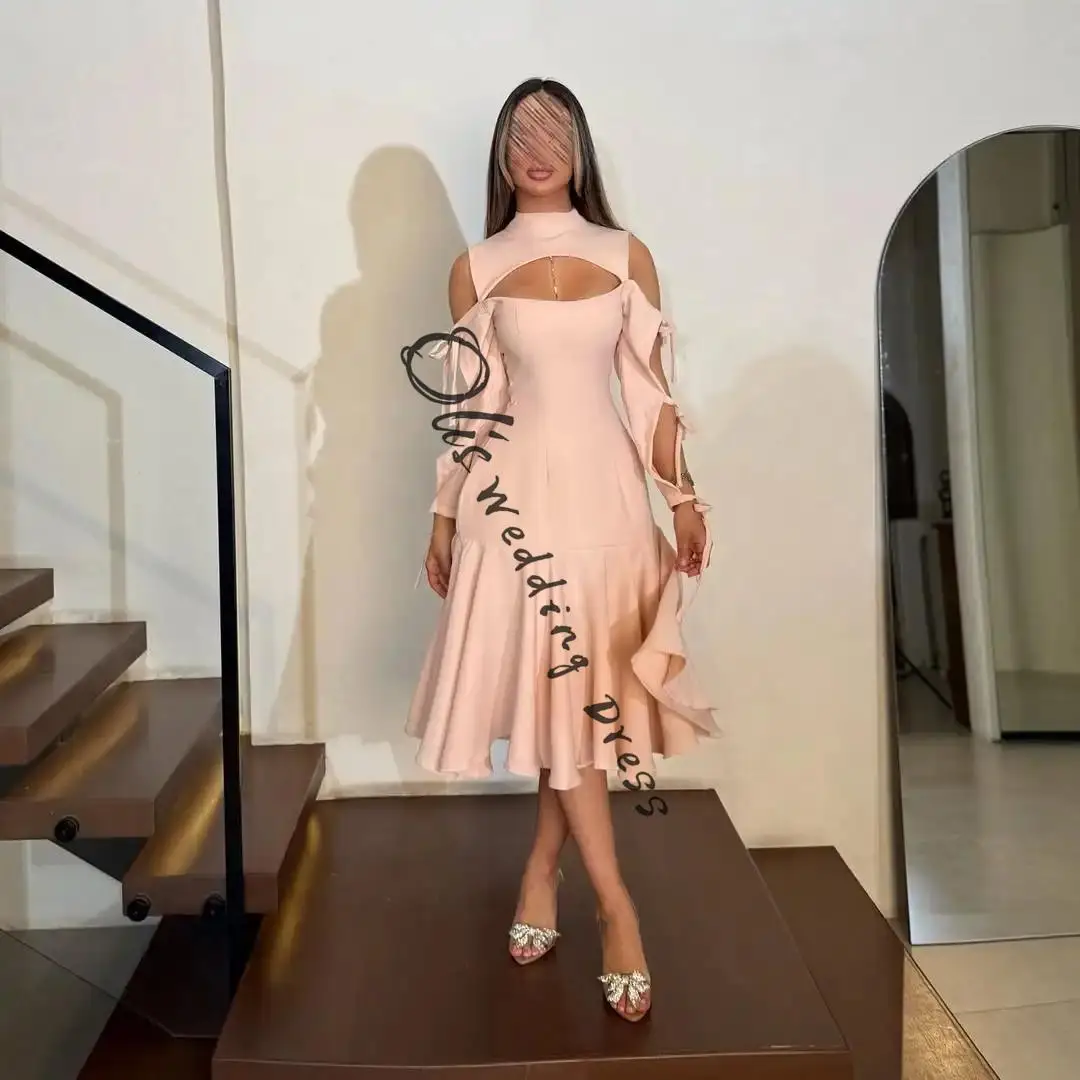 

customized Long Sleeves Prom Dresses High Neck Pleated Satin Party Dresses Knee Length Evening Dresses