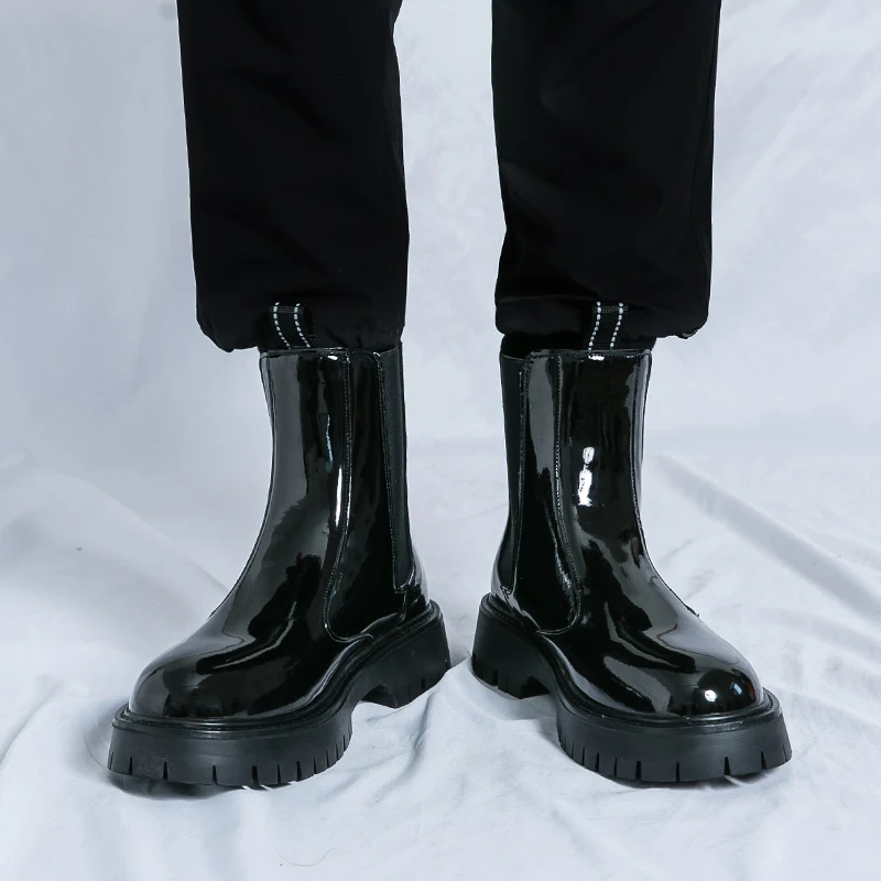 

New Thick Soled Chelsea Short Boots with British Style Formal Wear Shiny Surface Elastic Band High-end Feel Chimney Boots