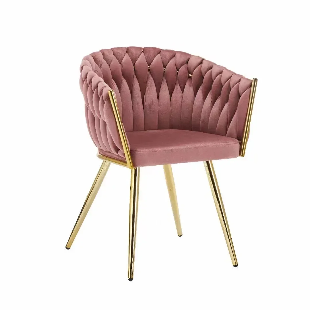 Nordic Modern Velvet Dining Room Chairs Rose Gold Base Woven Armchair Dining Chair