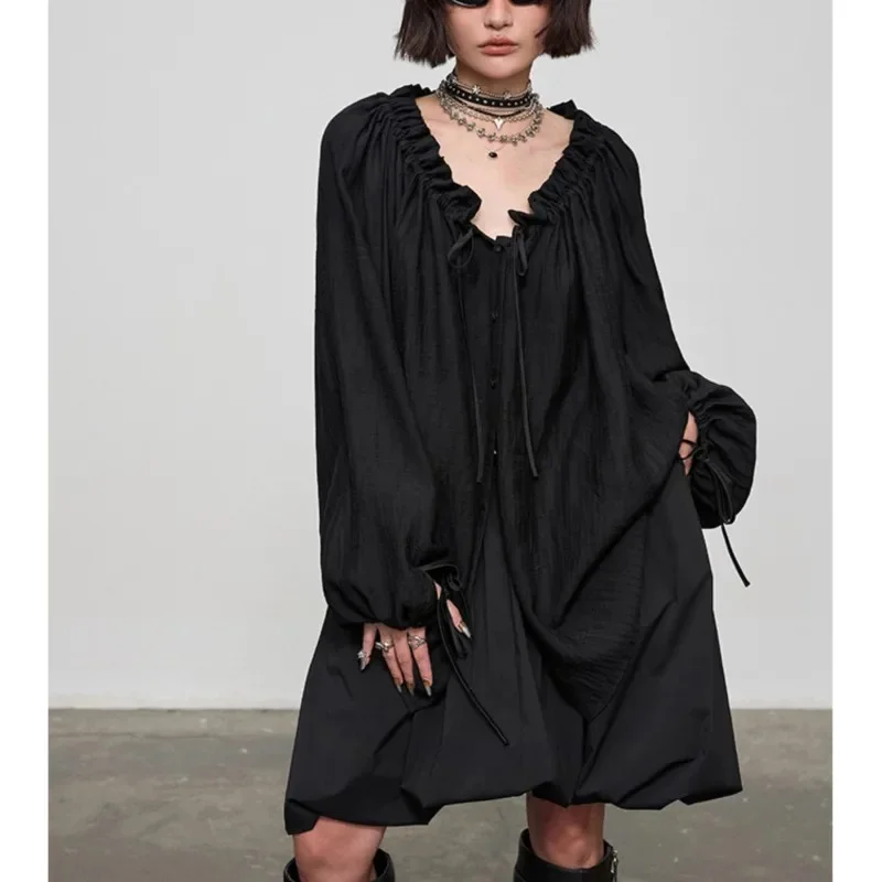 Drawstring Puff Sleeve Long Shirt Loose Women