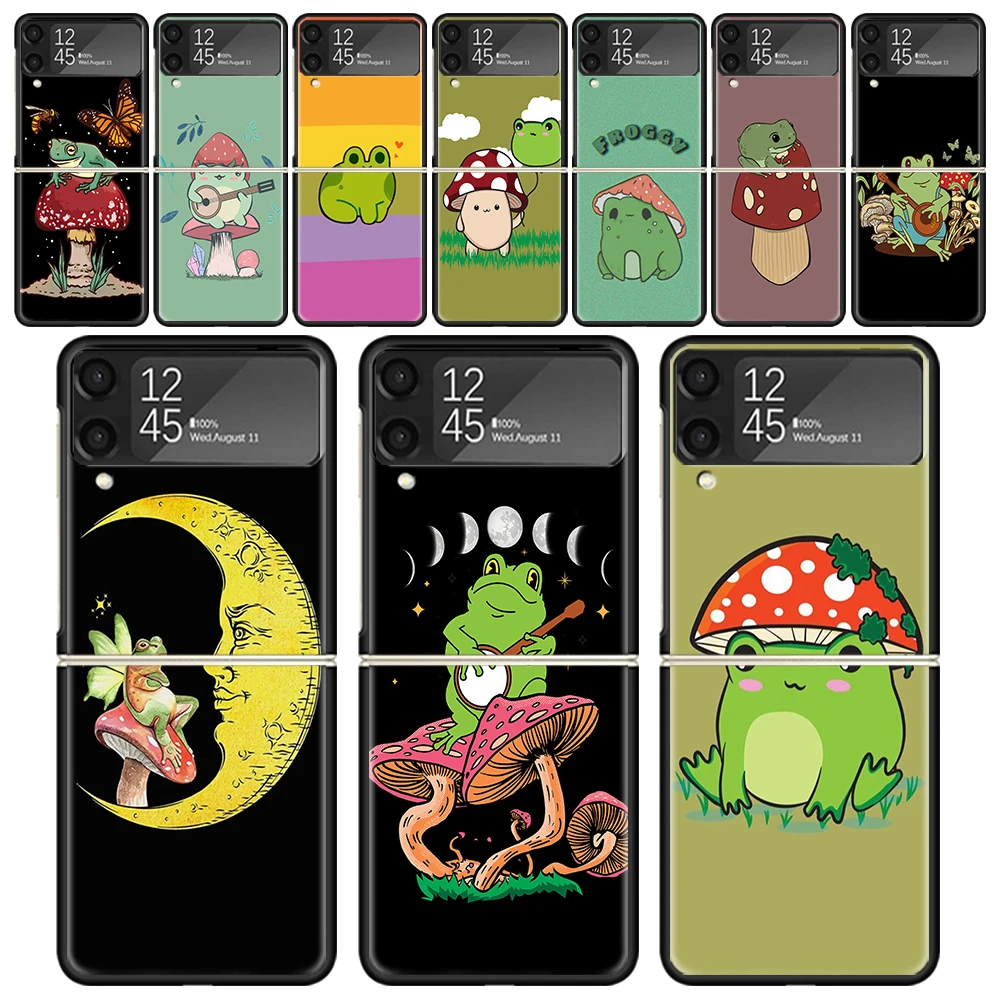 Cottagecore Frog Mushroom Kawaii Shockproof Folding Mobile Hard Shell For Samsung Galaxy Z Flip 4 3 5G TPU Black Phone Case Flip