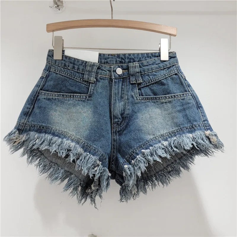 

Summer New Solid Color Denim Shorts. Ladies' Fashionable and Versatile Casual Tassels Design A-line Loose Wide-leg Denim Shorts
