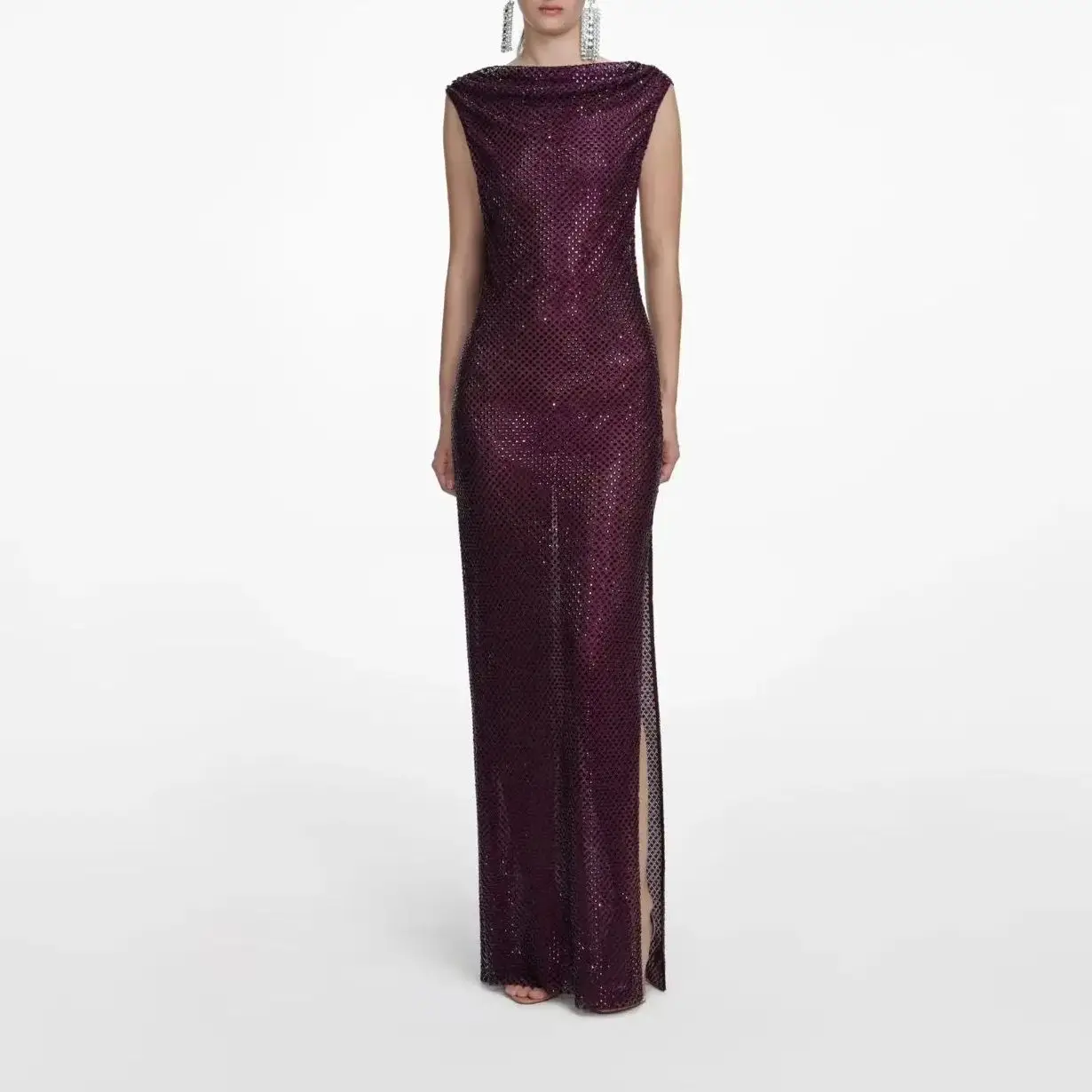 

Women Purple rhinestone long Dress fashion backless party maxi dress