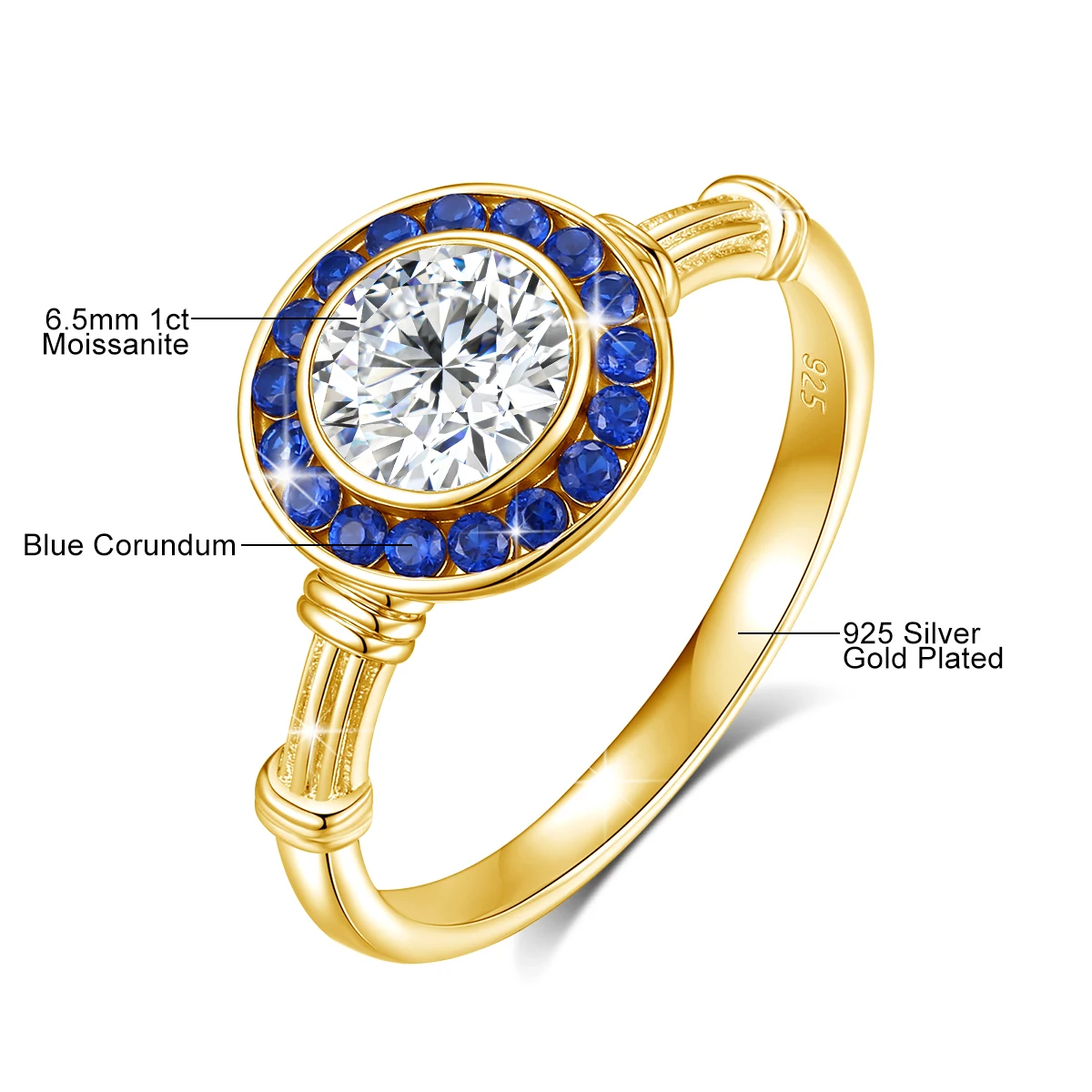 925 Silber Klassische Moissanit-Diamantringe für Damen, Luxuriöse Eingelegte Blaue Korund-Halo-Ringe für Hochzeit und Party – Detail 1