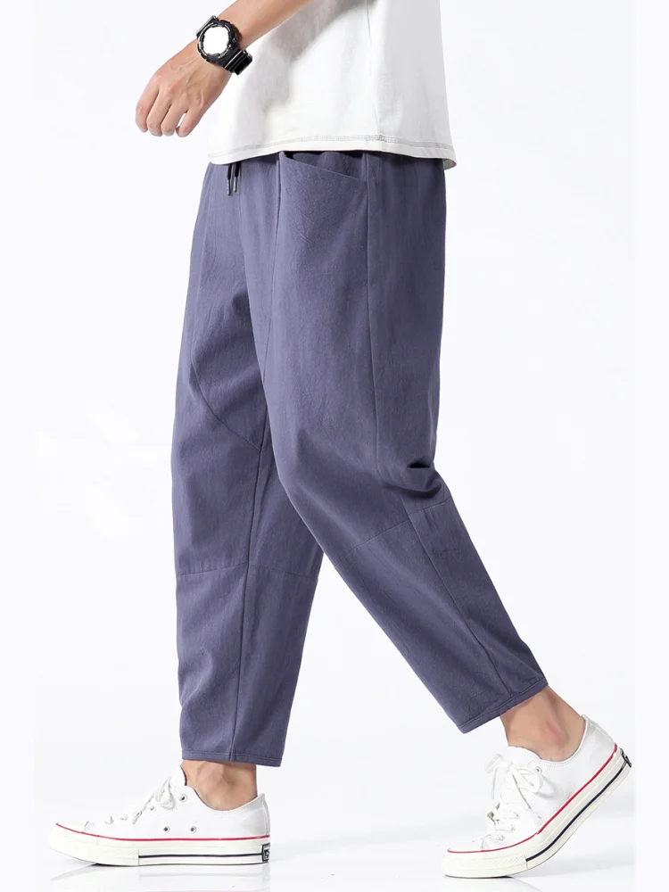 100% Cotton Men's Summer Casual Loose Pants Trendy Japanese Style Cropped Pants for plus Size Men up to 5XL