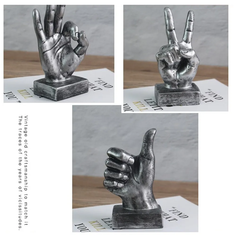 1Pcs Resin Victory Gesture Ornament Silver Creative Desktop Adornment Party Home Office Car Decoration Festival Gift
