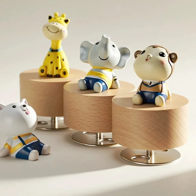 Wooden Wind-up Cute Animal Rotating Music Box Castle in The Sky Creative Birthday Gift Home Desk Decor Ornament