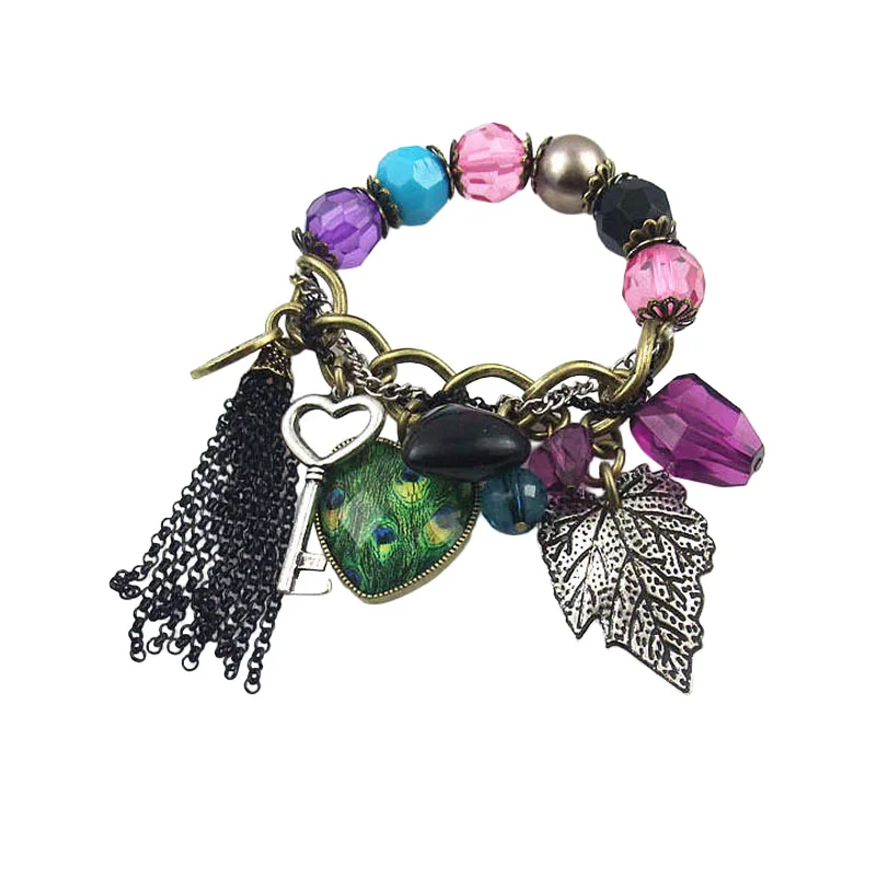 Leaf Key Heart Peacock Tail Chain Tassel Cluster Faux Gems Bead Elastic Bracelet Womens Charm Bangle Vintage Fashion Jewelry