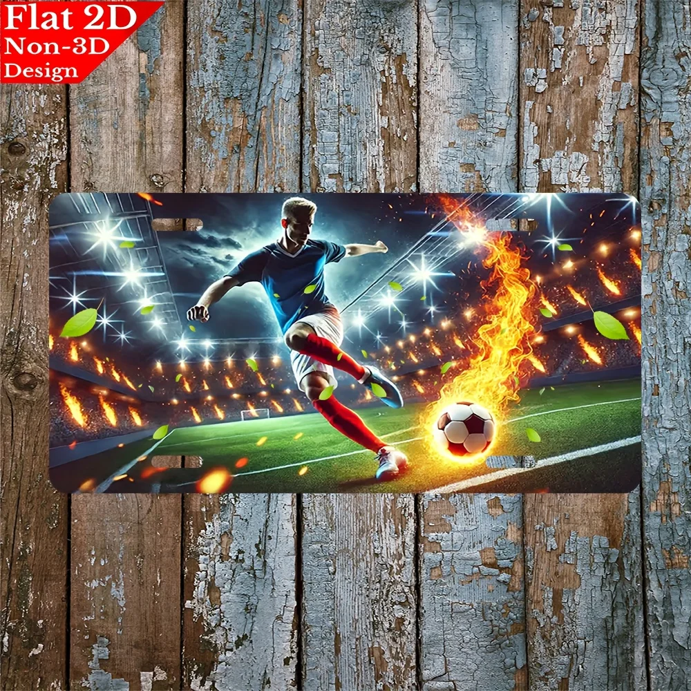 2D flat, 1pc Soccer player kicking flaming ball Aluminum License Plate,Decorative  Front License Plate, for Decoration Only,