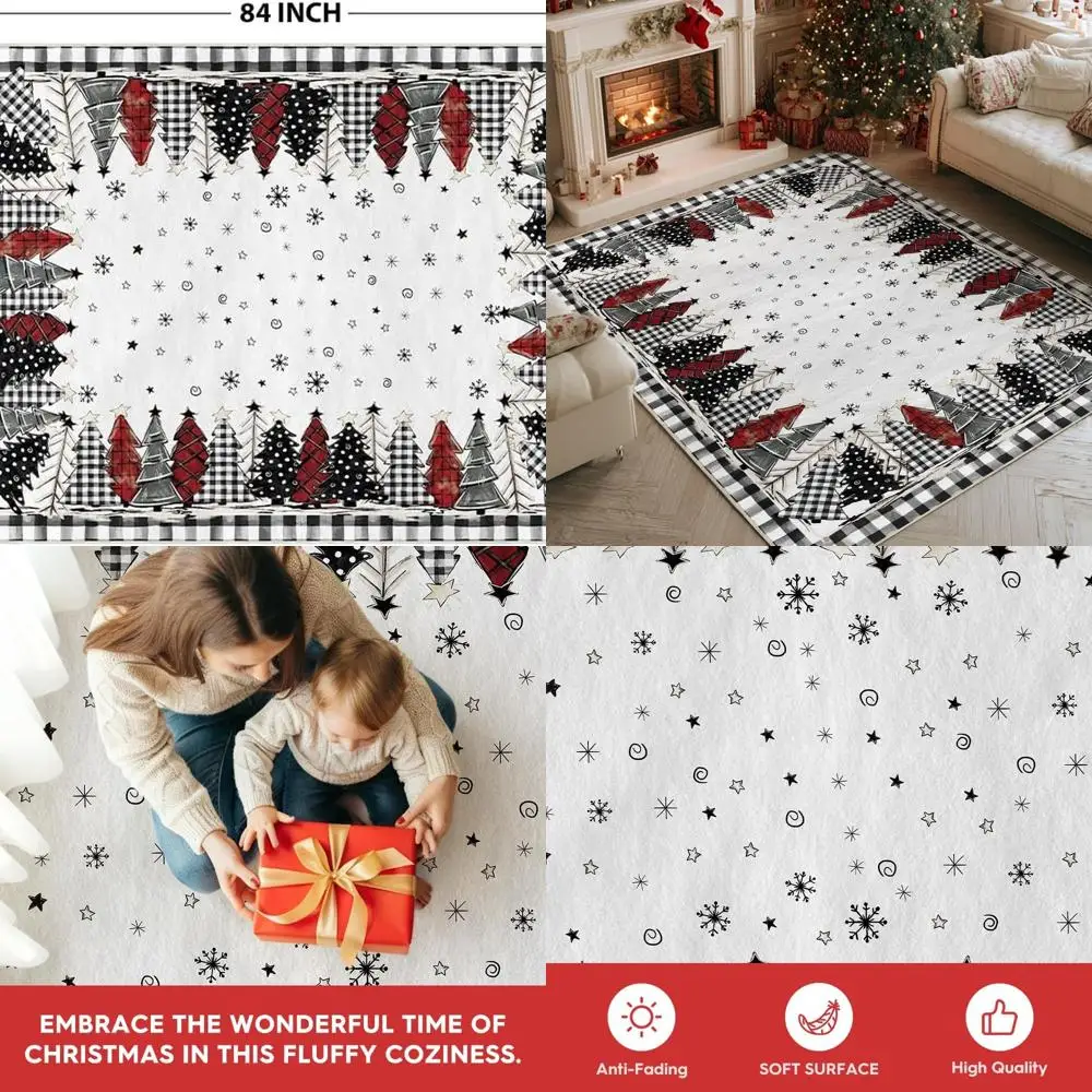 

Merry Christmas Buffalo Plaid Watercolor Rug, 5x7 ft., Low-Profile, Washable for Home Decor