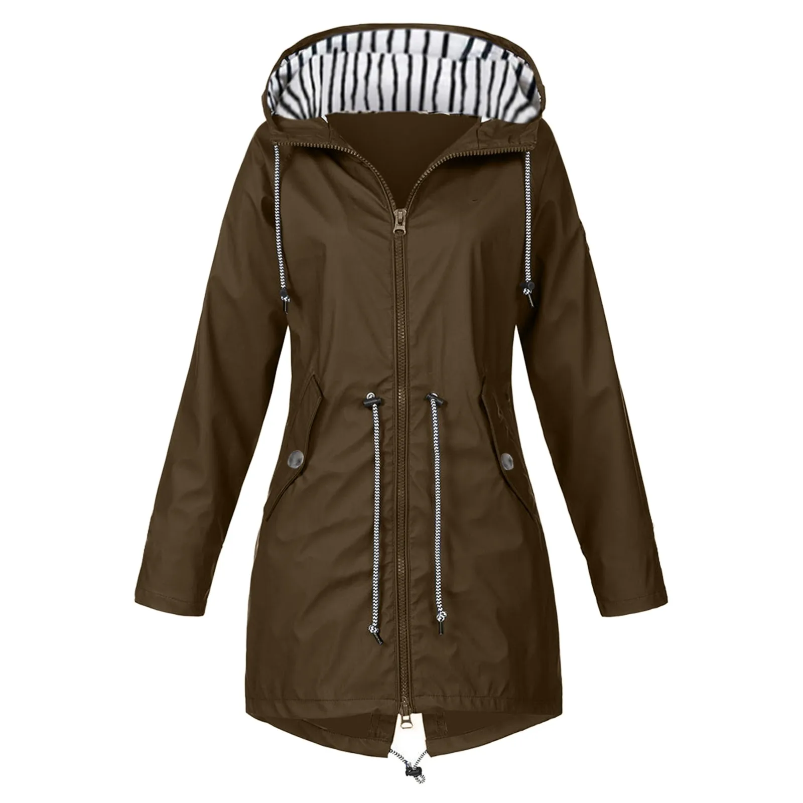 

Women's Fashion Hooded Outdoors Zipper Windproof Trench Coats Casual Waterproof Drawstring Rain Jackets Mountaineeri Outwear