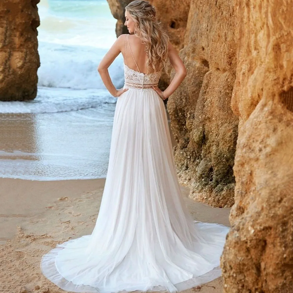 LoveDress Boho Chiffon V-Neck Wedding Dress for Bride Lace Applique Sleeveless Beach Backless Bridal Gown Robe De Mariée