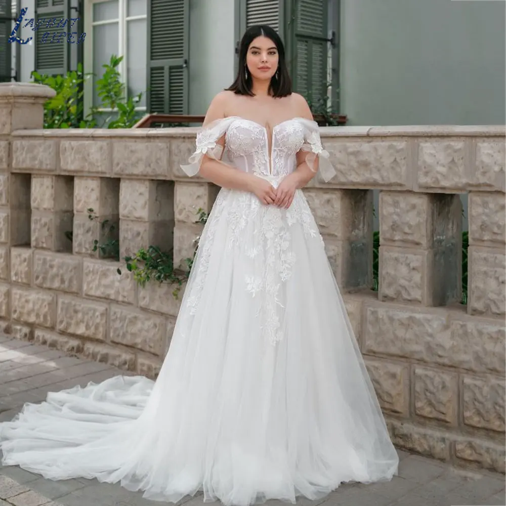 NICEB-vestido de novia clásico de tul con hombros descubiertos, traje sencillo de manga corta con Espalda descubierta, apliques, hecho a medidaNICEB-vestido de novia clásico de tul con hombros descubiertos, traje senci