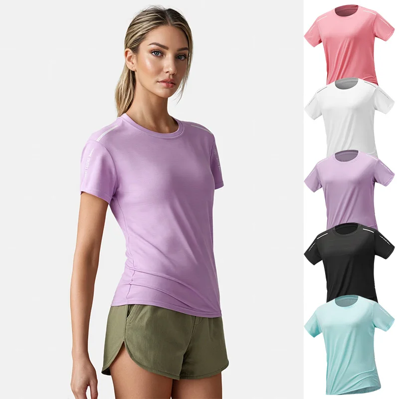 T-shirt de course à séchage rapide pour femme, en soie glacée, réfléchissant, haute élasticité, respirant, pour le sport, manches courtes, été