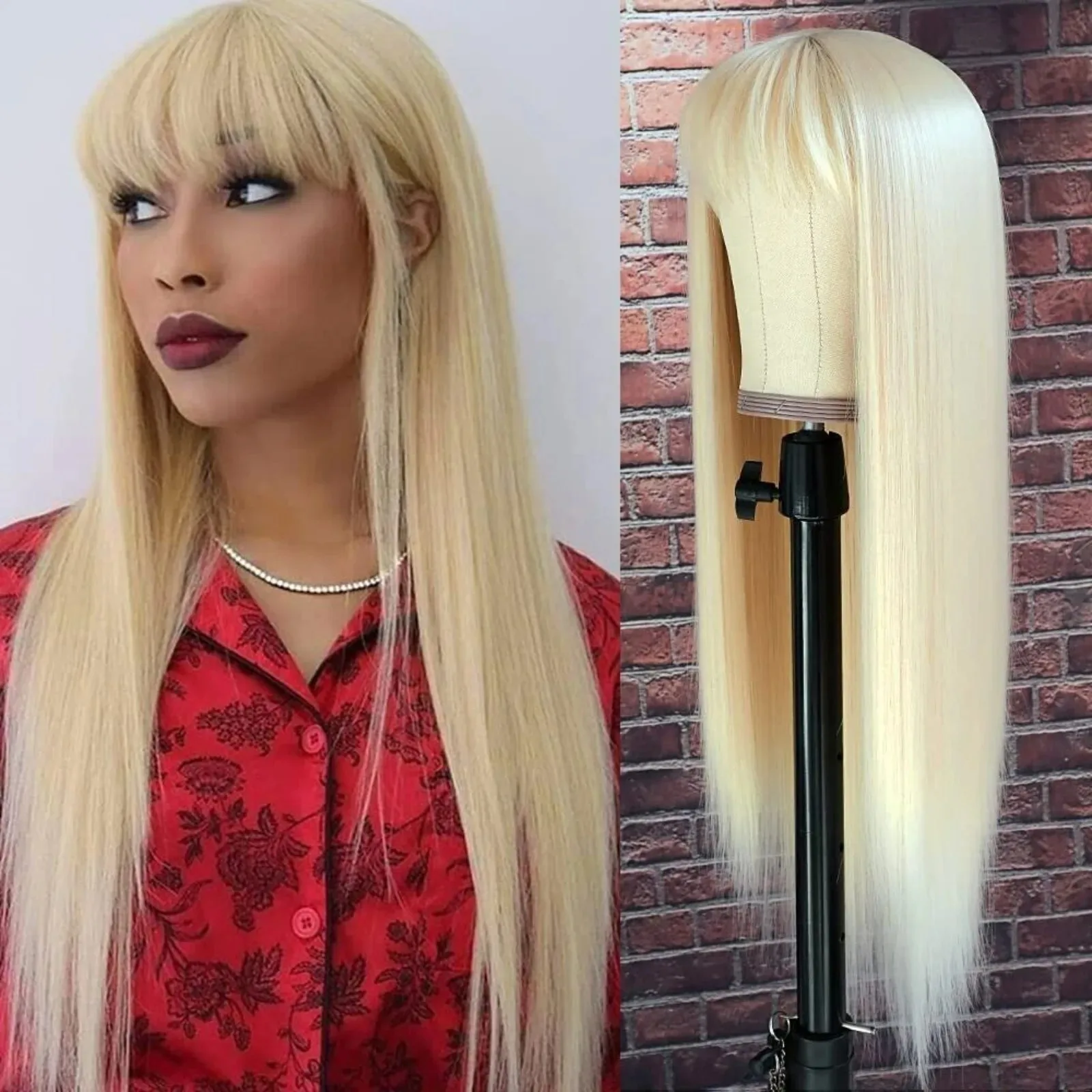 US Long Natural Straight Blonde Wigs for Women, Full Bangs, Synthetic Hair, Daily