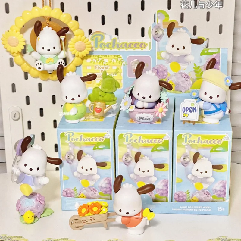 MINISO pudełko z niespodzianką Sanrio Pochacco kwiaty i chłopcy seria figurka ozdoba Kawaii zabawka dla dzieci prezent urodzinowy boże narodzenie