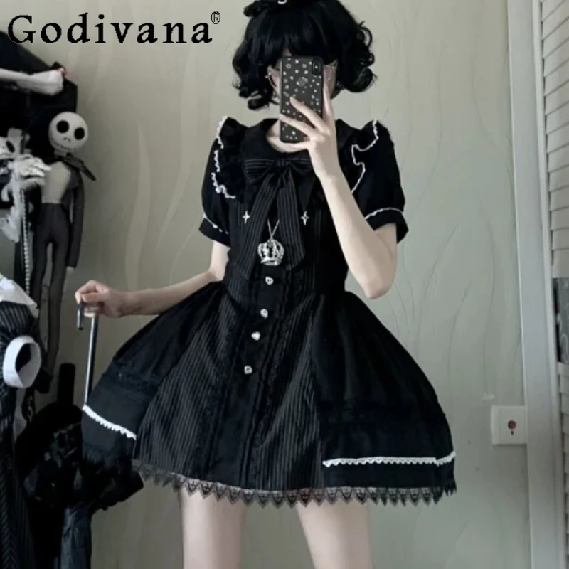 

Fashion High Waist Gothic Lolita Girl Striped Dark Dress Spring Autumn Short Sleeve Long Sleeves Sweet Peter Pan Collar Dresses