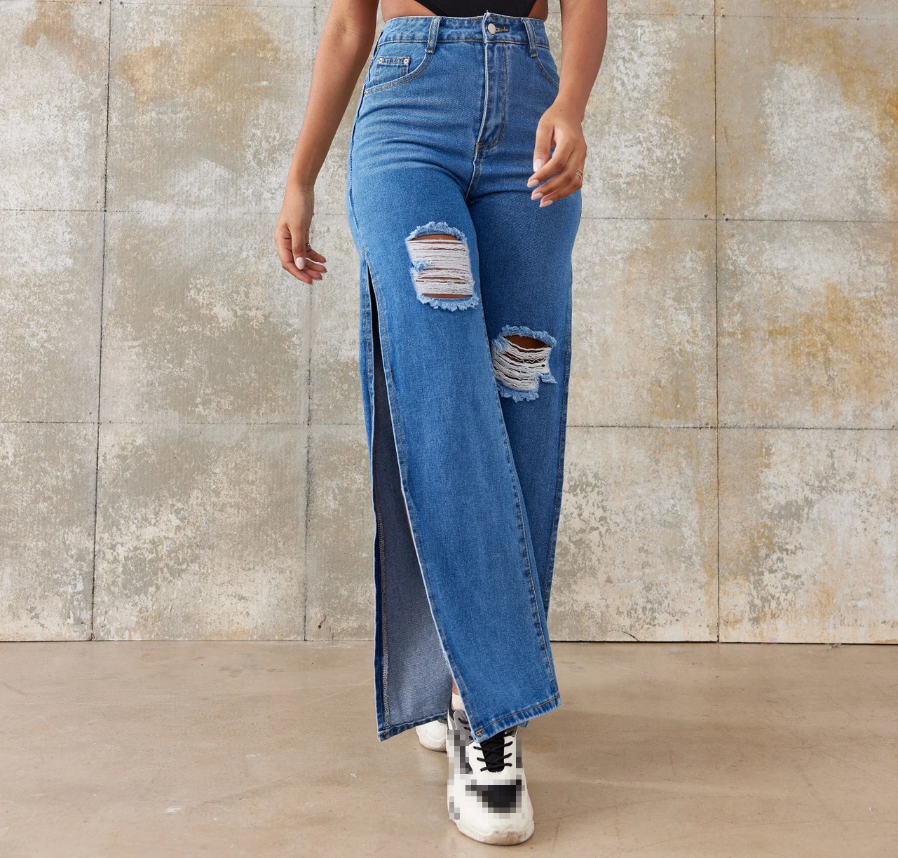 Jeans de verão feminino com garfo aberto, calça jeans sexy, azul, na moda