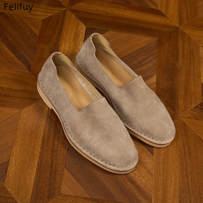 Brown Men's Retro Cow Suede Loafers,Soft Genuine Leather Casual Slip-On Lazy Shoes,Low Top Luxury Daily Commuter Driving Shoes