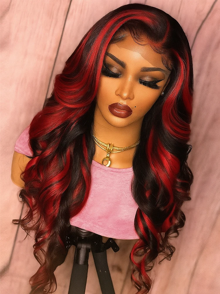 1B/99j Burgundy Highlight Lace Front Wig 30 Inch 5x5 Glueless Body Wave Wear And Go Wigs Brazilain Red Colored Human Hair Wigs