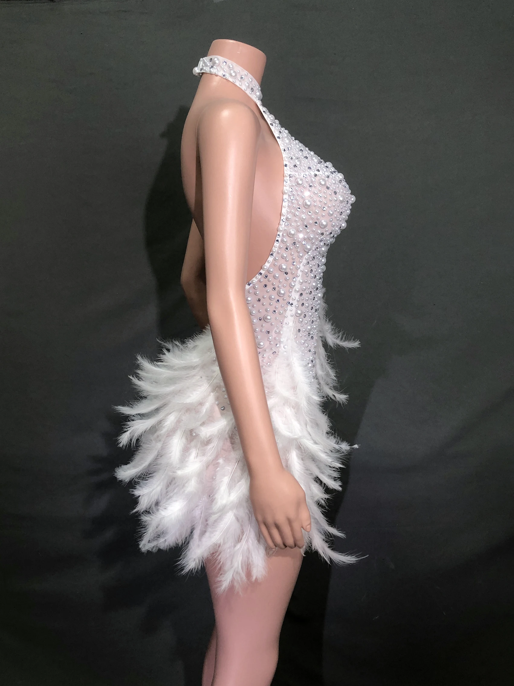 feather short skirt bright diamond stage performance costume sleeveless sex appeal high collar hanging neck