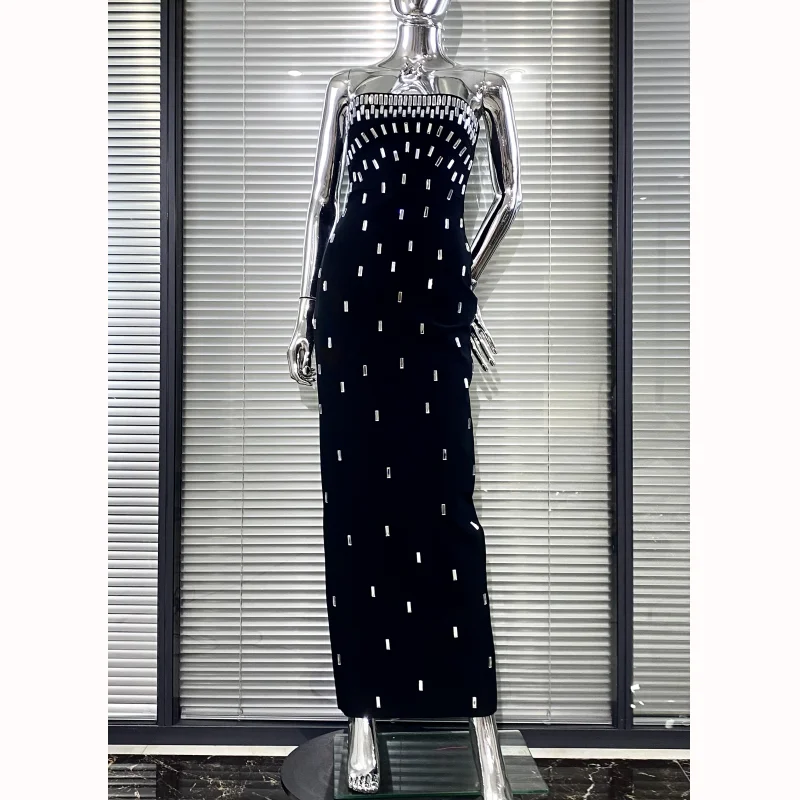

2025 Sparkling Diamonds Fashion Woman Party Dress Strapless Black Bandage Ankle Length Dress Celebrity Birthday Party Outfit