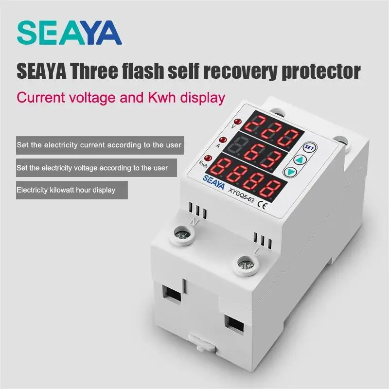 

SEAYA Din Rail 220V Automatic Voltage Protection Single Phase Voltage Protector XYGQ5-63 Display Limit Over Current Protection