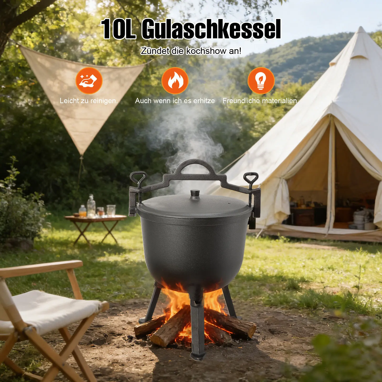 Gusseiserner Jagdkessel 8/10L – Camping-Hängetopf, Outdoor-Schnellkochtopf, Dreibein-Campingtopf, Großer Schmortopf, Suppentopf