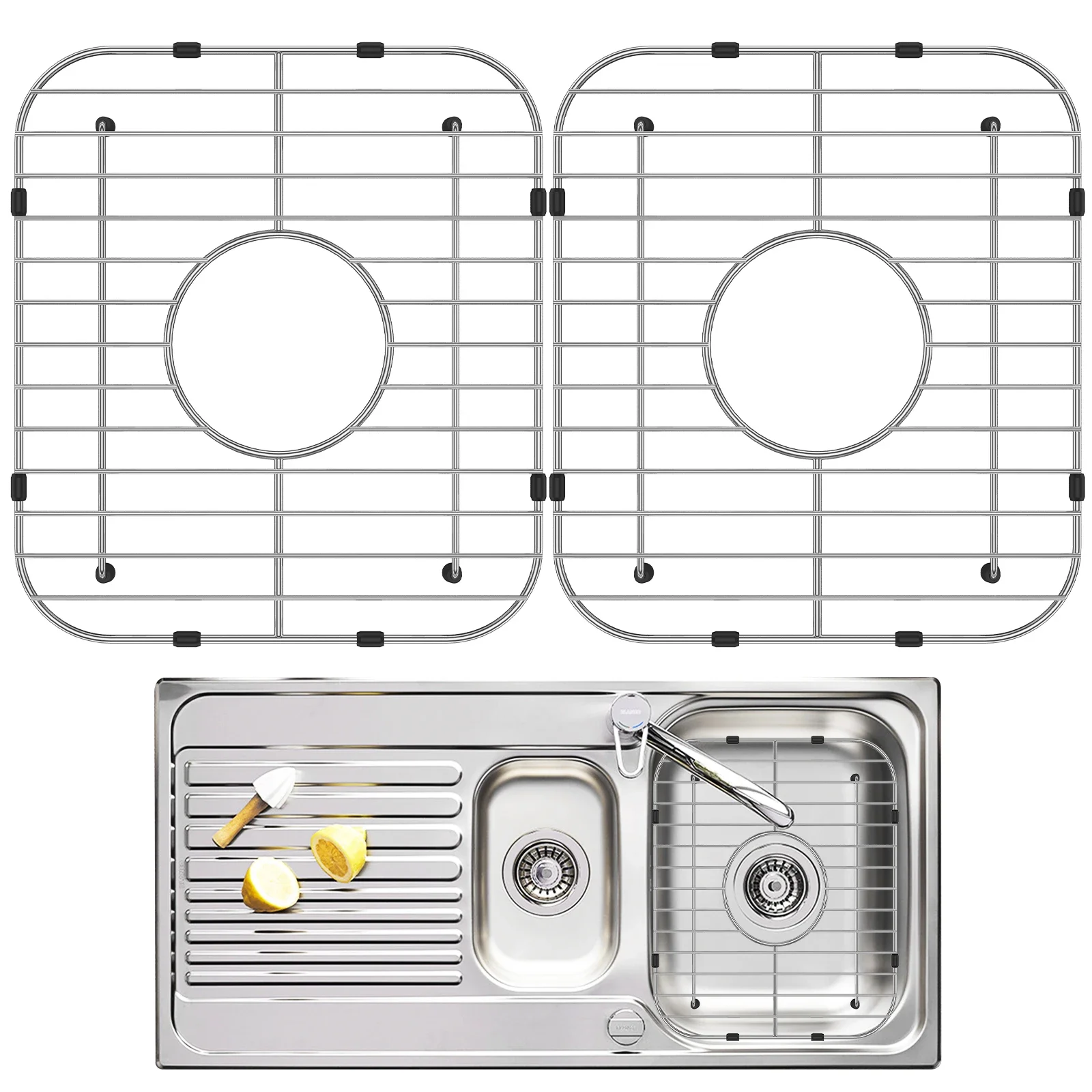 Grille d\'évier de cuisine en acier inoxydable 304, grands protecteurs d\'évier, grille astronomique à double bol avec coins R50, 2 pièces