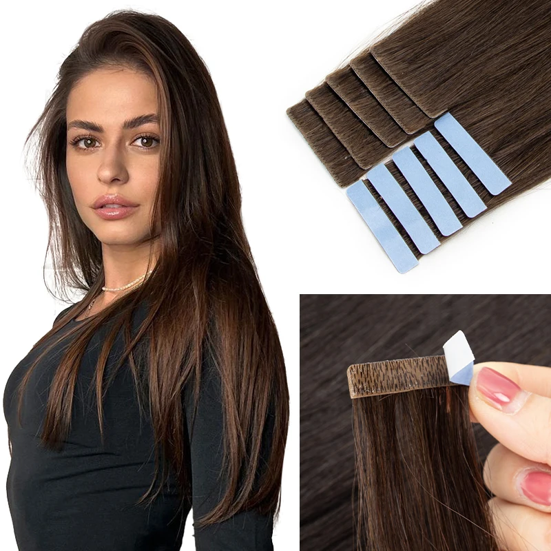 02# Chocolate Brown Invisible Tape Hair Extensions Hand Tied Tape in Hair Extensions Natural Adhesive Tape Extension 10pcs/pack