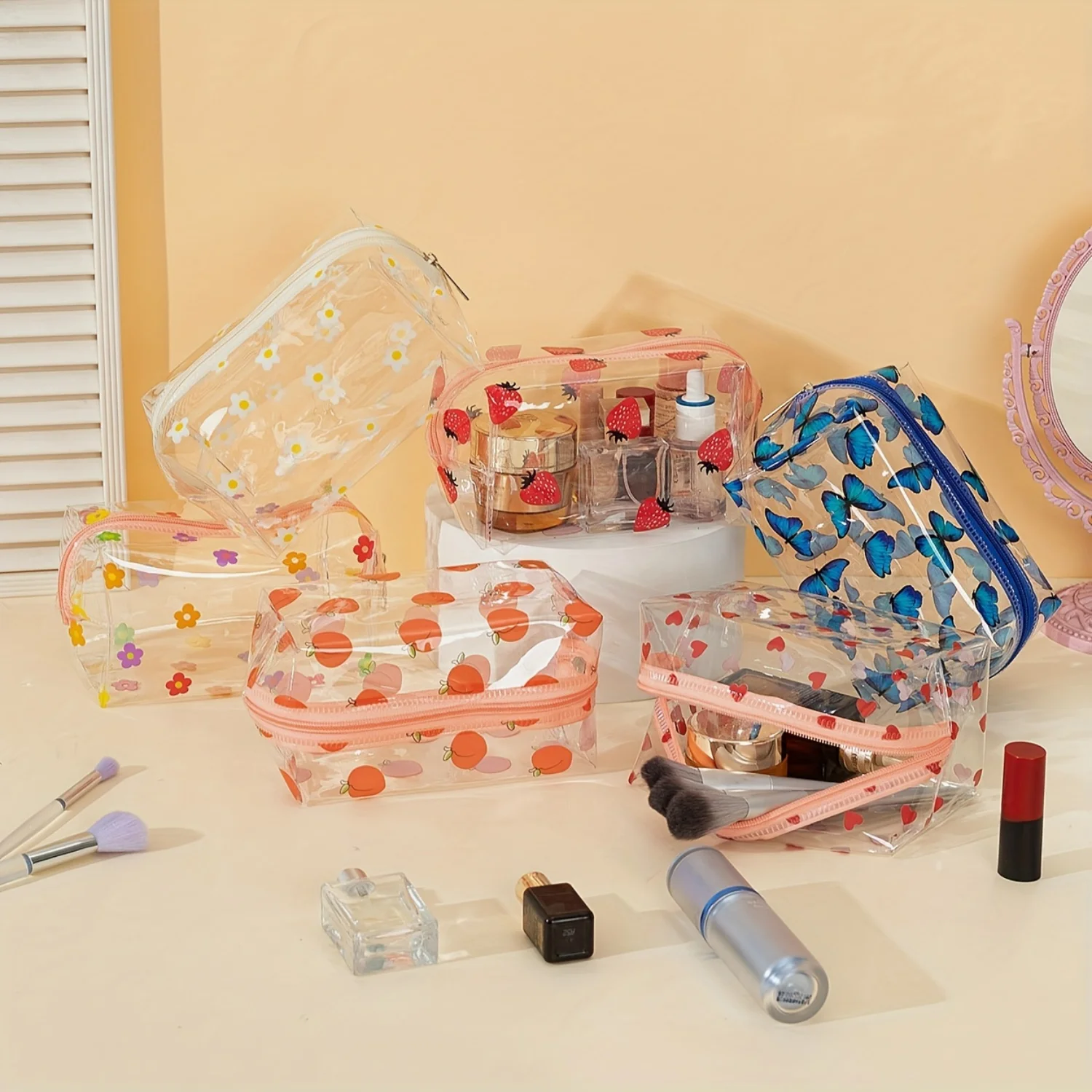 

Clear Flower Cosmetic Bag Ladies Travel Organizer Brush Holder Case