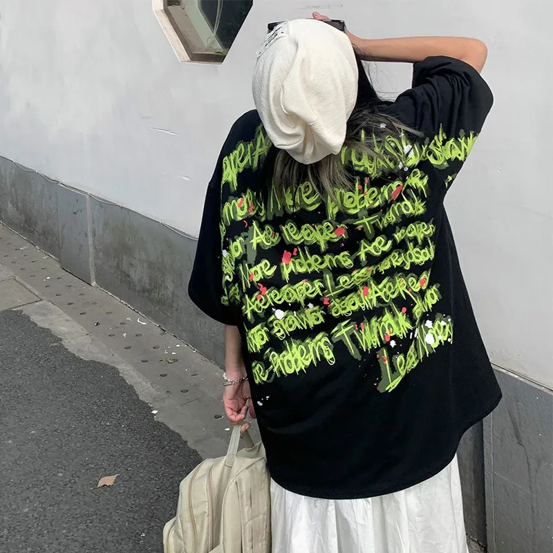 Y2k Aesthetic T-shirt Women Loose Letter Print O Neck Short Sleeve Streetwear Tops Women 2024 New Grunge Harajuku Oversized Tees