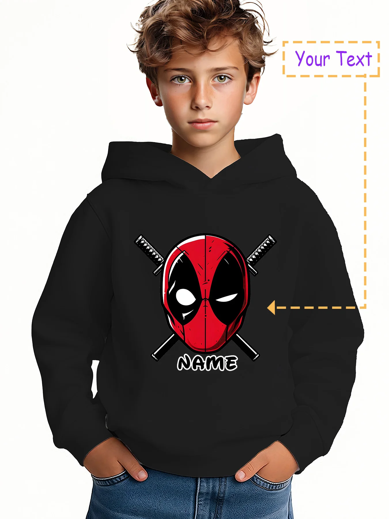 

MINISO Deadpool Dual Blade Hoodie for Kids - Deadpool portrait and crossed blades, cool and trendy style, perfect for class