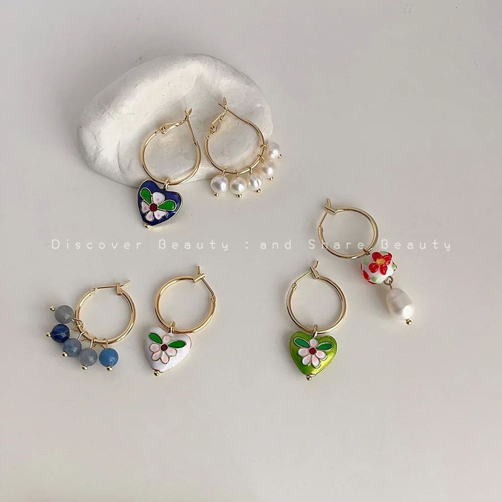 DIY accessories Court style retro love earrings women's niche color drip earrings advanced sense asymmetric natural pearl earrin