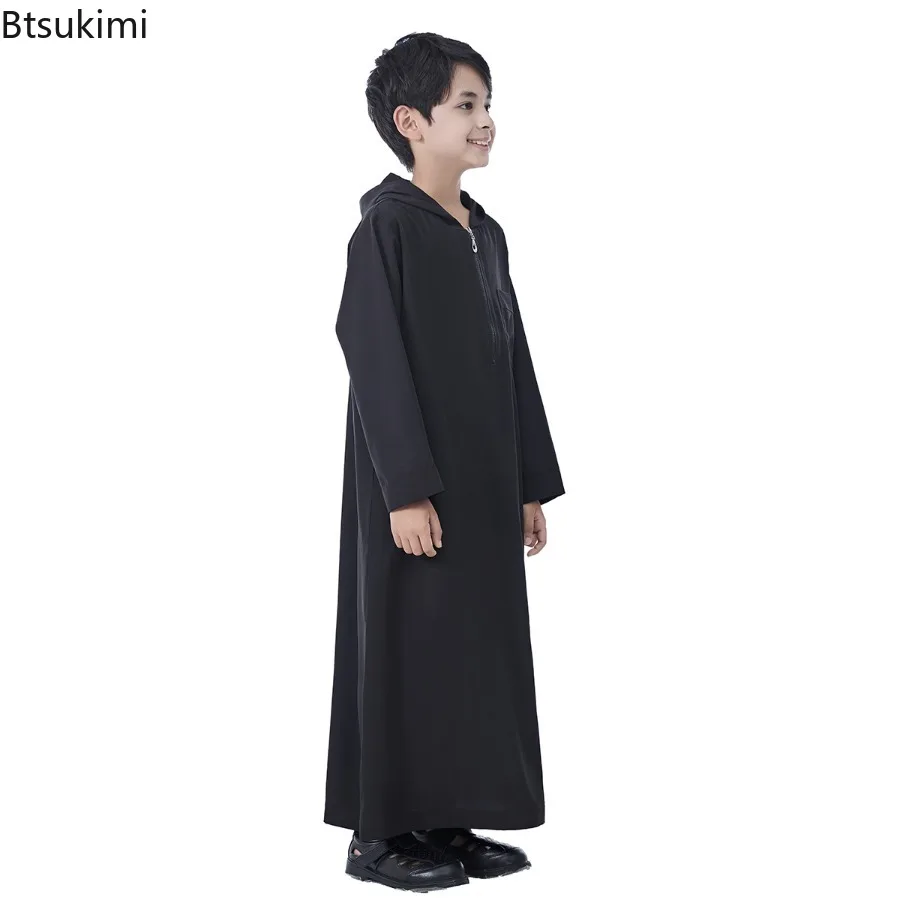 Ragazzi Medio Oriente Islam Manica Lunga Con Cappuccio Arabo Dubai Robe, Arabia Saudita Dubai Türkiye Casual Stile Etnico Thobe Abaya Abbigliamento