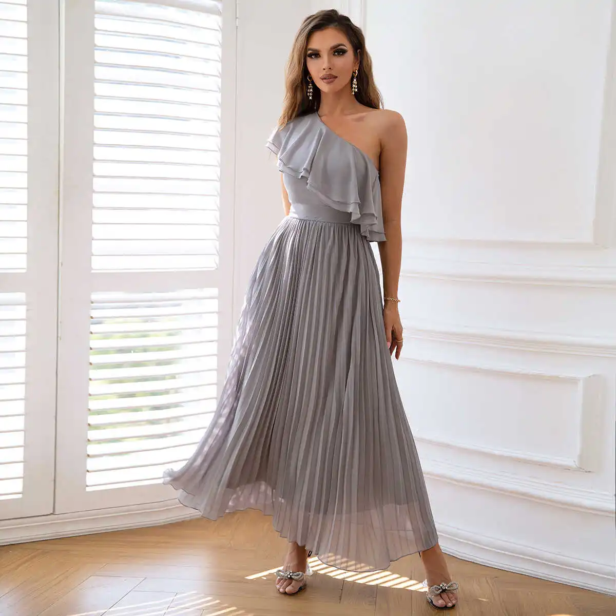 ブライズメイド ウェディングドレス レディース シングルショルダー イブニングドレス 斜め襟 ロングスカート 結婚式 ゲスト フォーマルドレス