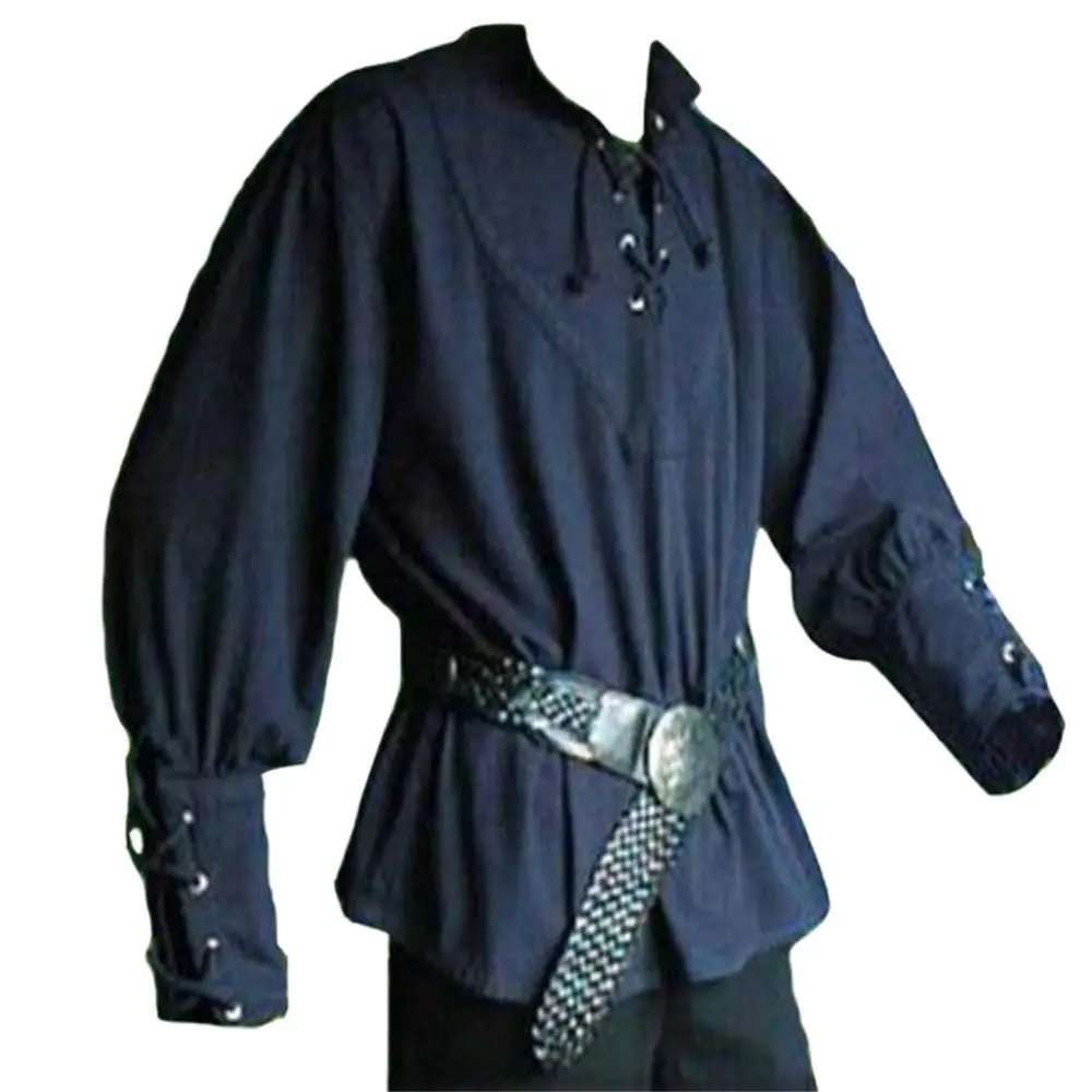 

Mens Lace Up Ruffle Tops Sand Collar Shirt Dress UP Tops Medieval Shirts Poet's Renaissance Costume Pirate Captain