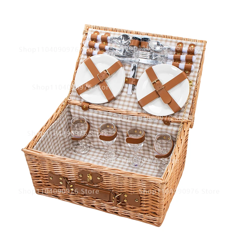 Rattan outdoor spring outing picnic basket large with tableware large capacity exquisite premium portable picnic box set