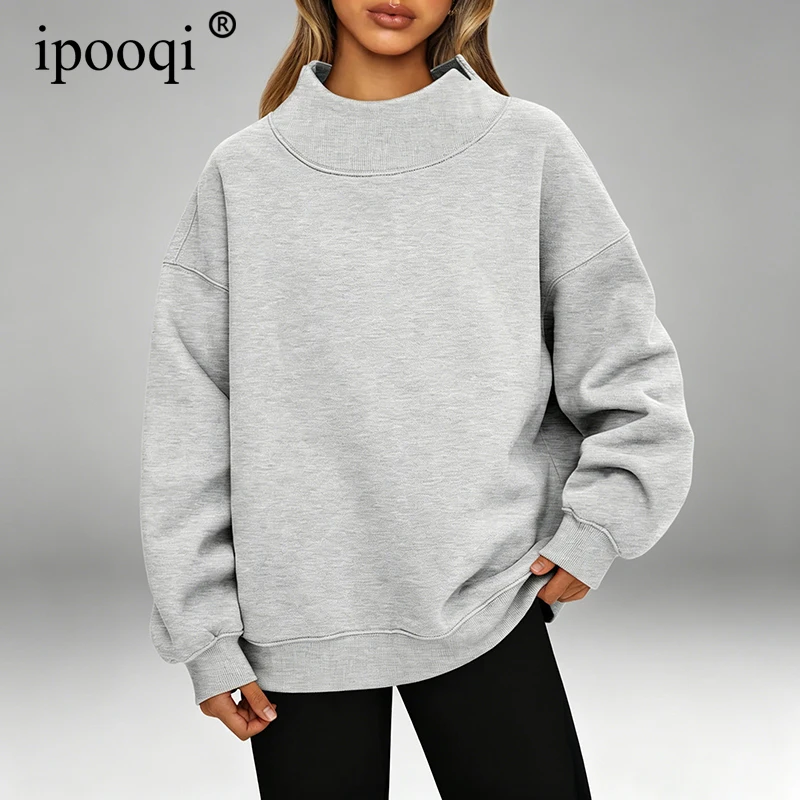 

ipooqi Women's Mock Neck Oversized Sweatshirts Long Sleeve Pullover Autumn Winter Casual Loose Solid Basic Tops Streetwear